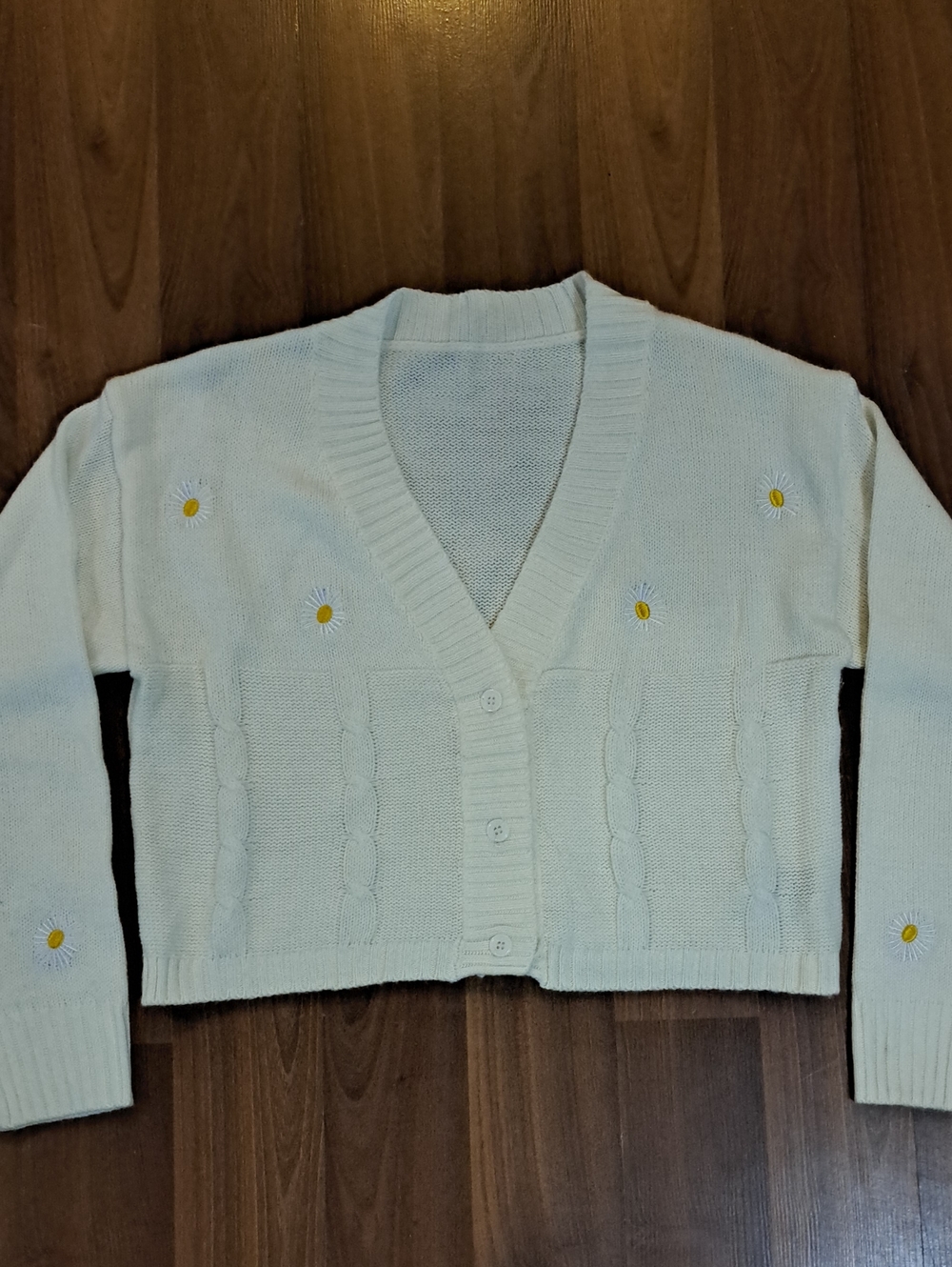 Cream Daisy Embroidered V‑Neck Button Cardigan